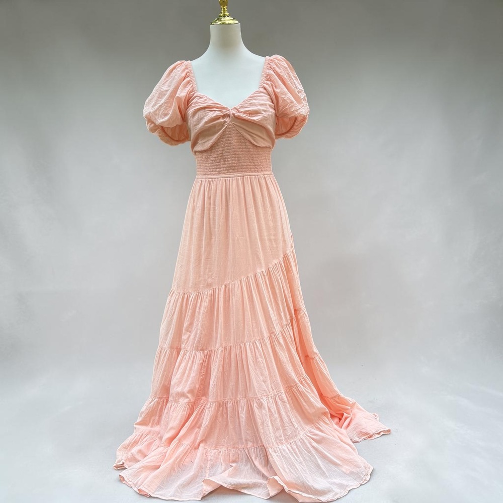 Free People Peach Maxi Dress with Puff Sleeves